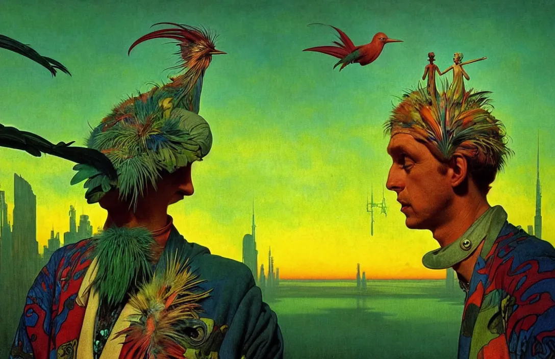 Prompt: realistic detailed portrait movie shot of a birdman wearing green robes, futuristic city sunset landscape background by denis villeneuve, yves tanguy, alphonse mucha, ernst haeckel, max ernst, roger dean, masterpiece, rich moody colours, feathers, ethereal, occult, blue eyes