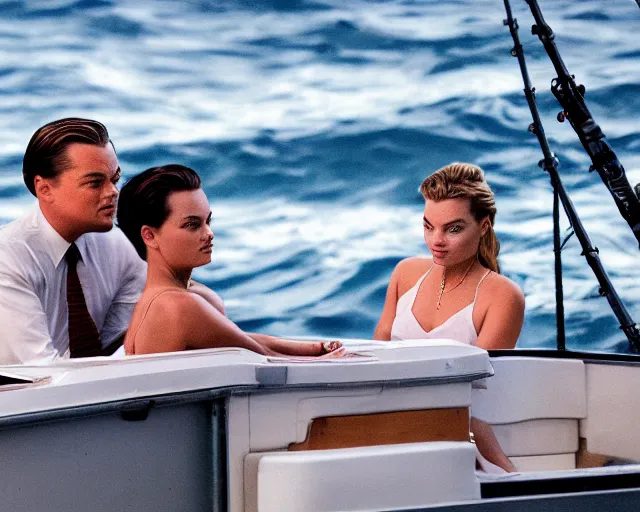 Image similar to leonardo dicaprio as the wolf of wall street next to margot robbie as naomi from the wolf of wall street sitting in a fishing boat, hyper realistic faces, beautiful eyes, cinematic, long shot, hyper detailed, 8 5 mm photograph, 8 k resolution, film still, sharp lens, wide lens