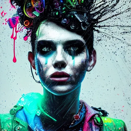 Image similar to splashes of neon, punk portrait made out of paint with rain in the background, trending on artstation, epic composition, emotional, beautiful, rendered in octane, highly detailed, realistic, tim burton comic book art, sharp focus, matte painting