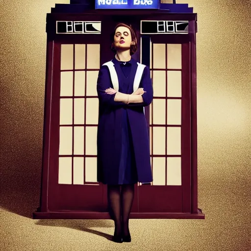 Prompt: a beautiful full body photograph of hayley atwell dressed as doctor who standing in front of the tardis, symmetrical face, extreme realism and detail, 8 k, completely framed, direct lighting, 3 5 mm photo, photorealistic, sharp focus