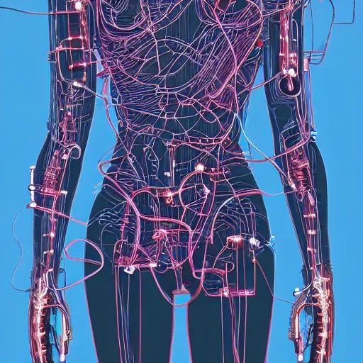 Image similar to a beautiful body of a pilot woman partially made of wires and electronic circuits, an ultrafine detailed illustration by james jean, final fantasy, intricate linework, bright colors, behance contest winner, vanitas, angular, altermodern, unreal engine 5 highly rendered, global illumination, radiant light, detailed and intricate environment