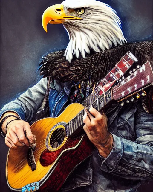 Image similar to a portrait of an anthropomorphic cyberpunk bald eagle screeching while strumming an acoustic guitar by sandra chevrier, by jon foster, detailed render, tape deck, epic composition, cybernetics, 4 k realistic, cryengine, realistic shaded lighting, sharp focus, masterpiece, by enki bilal