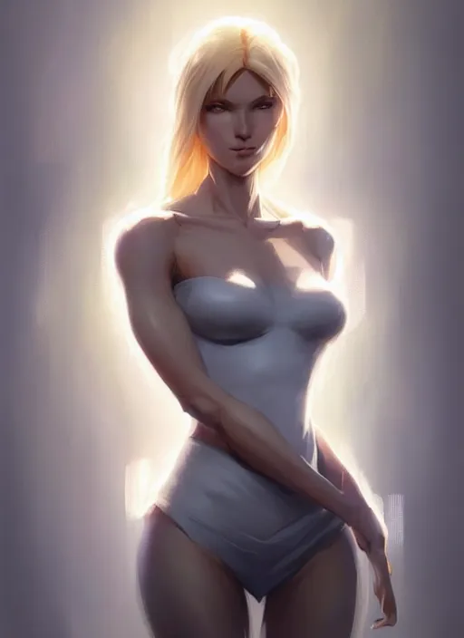 Prompt: digital character concept art by artgerm and greg rutkowski and sylvain sarraih. clear portrait of a shy modern wife blessed by god to grow immaculately fertile and perfect!! blonde, in clothes! holy body! light effect. hyper detailed, glowing lights!! intricate, elegant, digital painting, artstation, smooth, sharp focus
