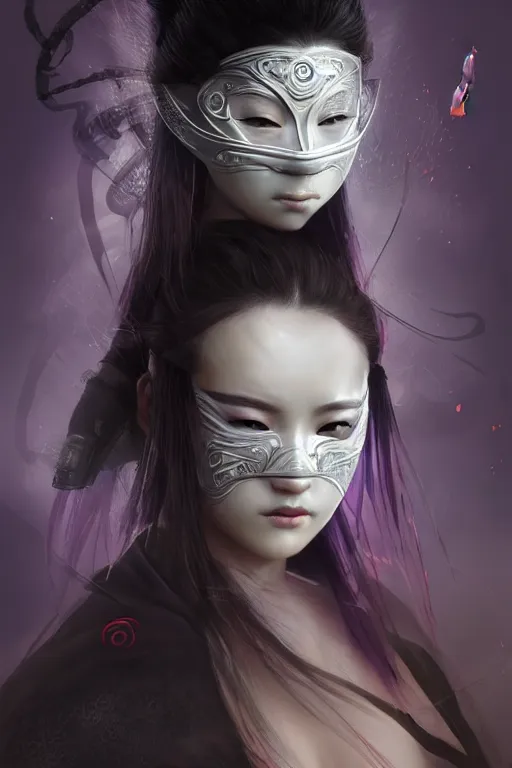 Prompt: beautiful ultradetailed young female ninja portrait, wearing mask of Ninja, black magic and mystery and evil and stunning, reference from video game Far East of Eden+smoky eyes+light flowing hair, ssci-fi, fantasy, in mudra and firefly night ruin tokyo temple, ultradetail face, art and illustration by craig mullins and tian zi and WLOP and alphonse mucha, human structure, intricate complexity, fantasy world concept, watermark, blurry, hyperrealism 8k