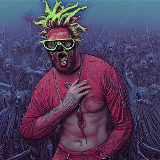 Image similar to guy fieri wearing a neon colored mesh crop top and pit vipers, insane clown posse mosh pit, art by beksinski