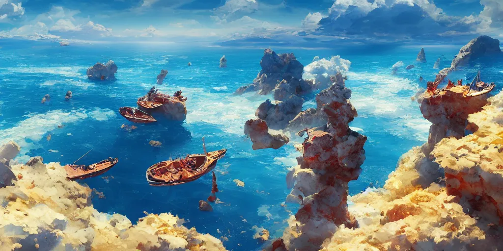 Prompt: Floating spanish paellas over a blue ocean, Darek Zabrocki, Karlkka, Jayison Devadas, Phuoc Quan, trending on Artstation, 8K, ultra wide angle, pincushion lens effect.