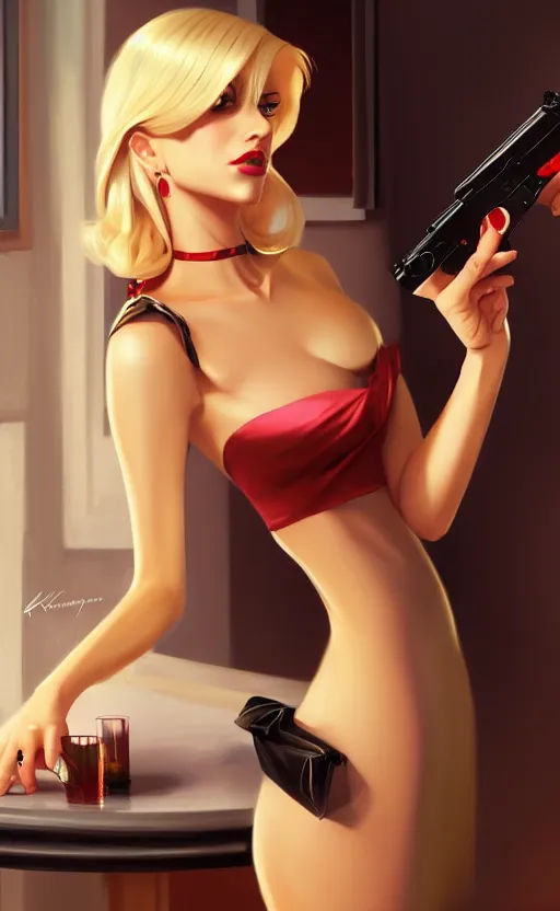 Prompt: an attractive blonde femme fatale woman, wearing a cocktail dress, pointing a pistol, anime. realistic shaded lighting by ilya kuvshinov giuseppe dangelico pino and michael garmash and rob rey, no signature, 8 k
