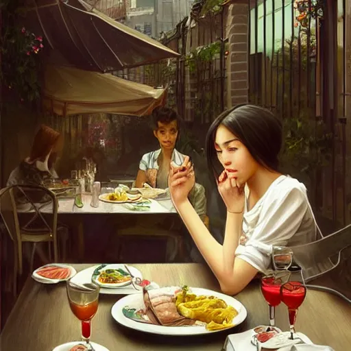 Image similar to a dinner date with the girl next door, slice of life, modern, realistic,!! looking at the camera!!, solo, first person pov, enjoying life!!! elegant, highly detailed, digital painting, artstation, concept art, matte, sharp focus, illustration, art by artgerm and greg rutkowski and alphonse mucha