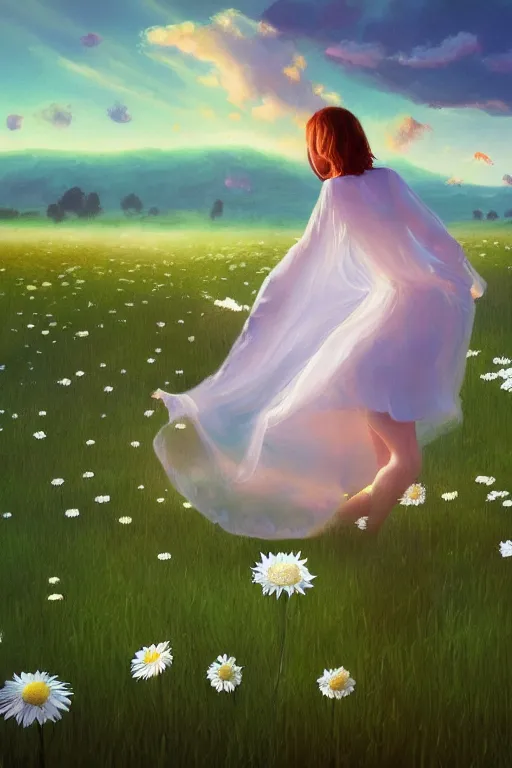 Image similar to veil of giant white daisy flower as head, girl dancing in a flower field, surreal photography, sunrise, dramatic light, impressionist painting, colorful clouds, digital painting, artstation, simon stalenhag