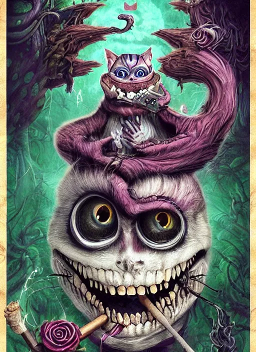 Image similar to cheshire cat having a cigar death tarot card, highly detailed, half skull face, cinematic, 8 k, bymegan duncanson, benjamin lacombe, naoto hattori, adrian borda, giger, trending on deviantart, hyper detailed, horror, full of colour