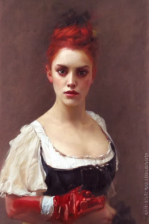 Image similar to Solomon Joseph Solomon and Richard Schmid and Jeremy Lipking victorian genre painting full length portrait painting of a young beautiful woman traditional german french barmaid pirate wench in fantasy costume, red background