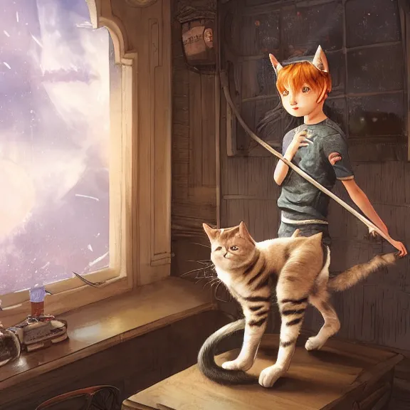 Image similar to boy with cat ears and tail on window sill, fantasy artwork, award winning, hyper detailed, very very very very very very very very very very very very very very very very very beautiful, studio lighting, artstation