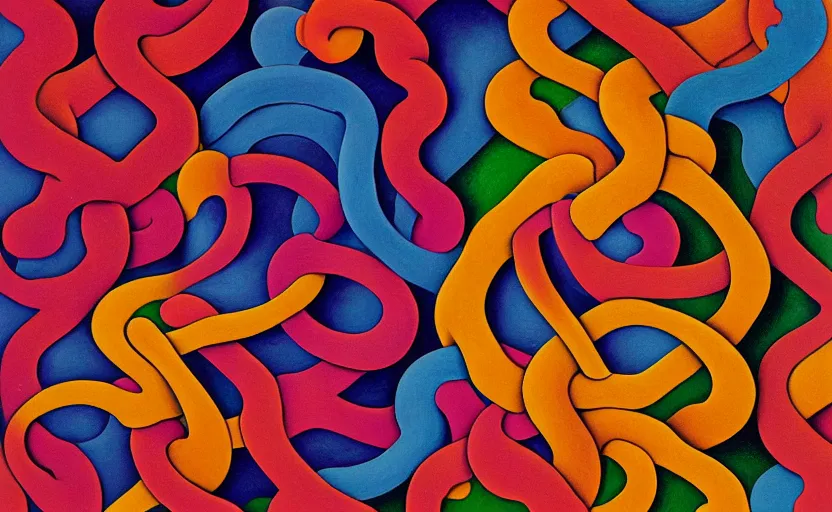 Image similar to close up of twisting faces full of pain pleasure fear love joy and agony. detailed abstract painting by josef albers, by mc escher, by raqib shaw, japanese popsurrealism,