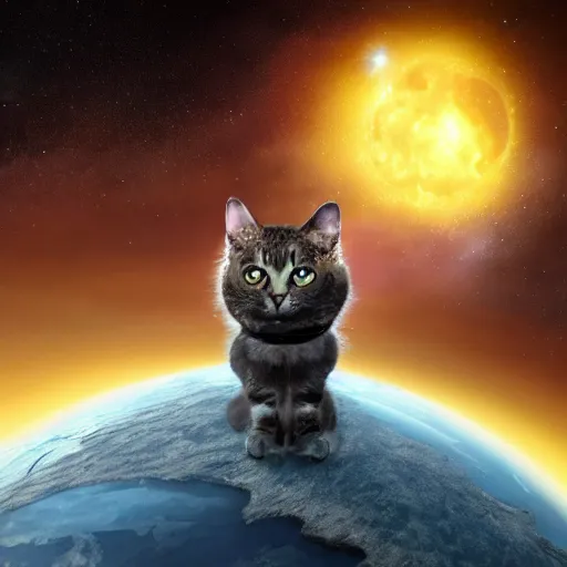 Image similar to fantasy cat with a helmet floating in space, high detail, fantasy art, concept art, 4 k, ultra detail, computer art