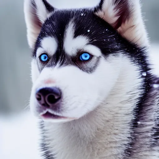 Image similar to A husky puppy with two different colored eyes, snowy environment, detailed close-up, 4k photo