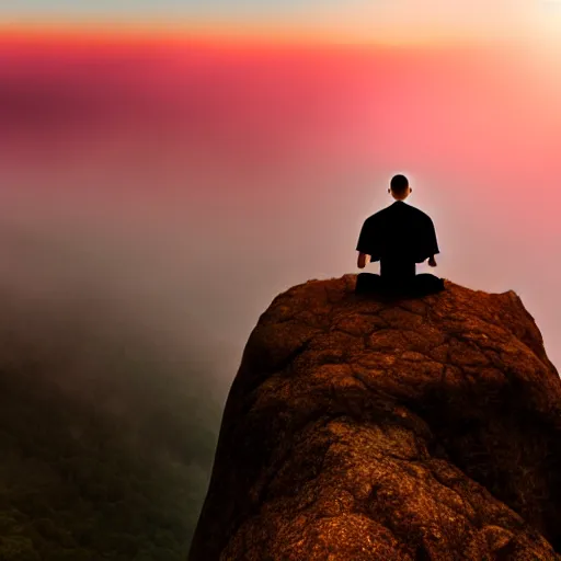 Image similar to a monk posing on top of mountain, fog, symmetrical, Studio Ghibli style, sunset, beautiful, symmetrical