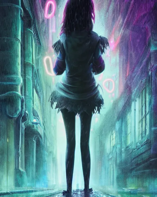 Image similar to An epic fantasy comic book style portrait painting of a very beautiful imposing Industrial goth Dora The Explorer in the rain, wet hair, neon reflections, character design by Mark Ryden and Pixar and Hayao Miyazaki, unreal 5, DAZ, hyperrealistic, octane render, cosplay, RPG portrait, dynamic lighting, intricate detail, cinematic