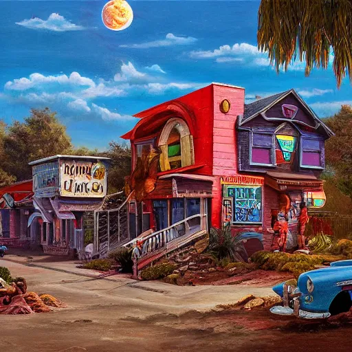 Image similar to 5 0 s tract home suburb on ancient post - apocalyptic planet, jim henson creature shop, vivid and colorful, thomas kincaid, cinematic, oil painting, highly detailed, illustration