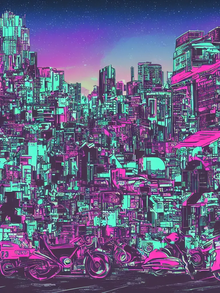 Prompt: brutalist style cityscape with retro style cafe racer motorcycles, under vapor wave galaxy