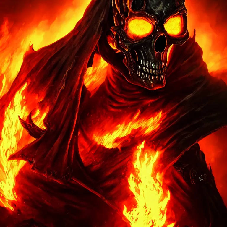 Image similar to Ghost Rider, flaming grim reaper, demons of hell, the pits of hell, headshot photo, character concept, dark souls concept art, Feng Zhu concept art, dramatic lighting, highly stylized, trending on artstation, high-quality wallpaper, desktopography