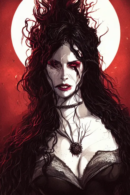 Image similar to yennefer of vengerberg in sleepy hollow, full body, big two toned eyes, teeth gritted, horror, intricate details, cinematic, epic, realistic, anatomy, tomer hanuka, uplight, artstation, photorealistic, scary