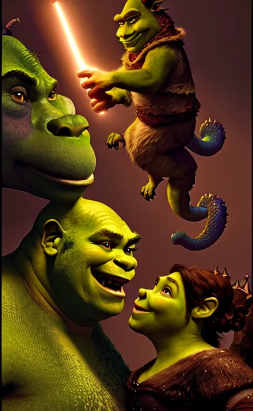 Image similar to shrek dragon gorgeous lighting by weta studio, mucha, bautista and norman rockwell and greg rutkowski and tom bagshaw and james gurney and lucasfilm