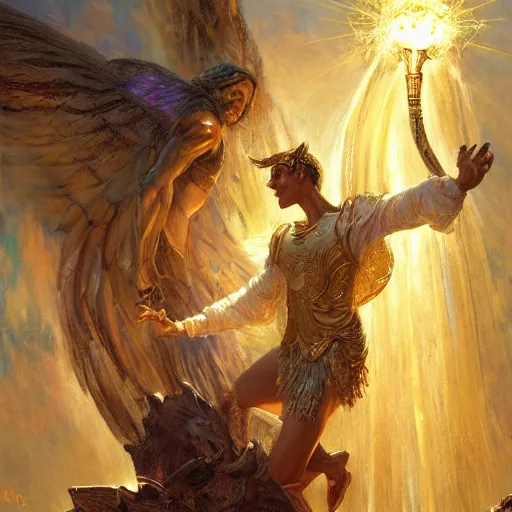 Image similar to attractive male deity casts light spell, summons attractive male lucifer morningstar. highly detailed painting by gaston bussiere, craig mullins, j. c. leyendecker 8 k