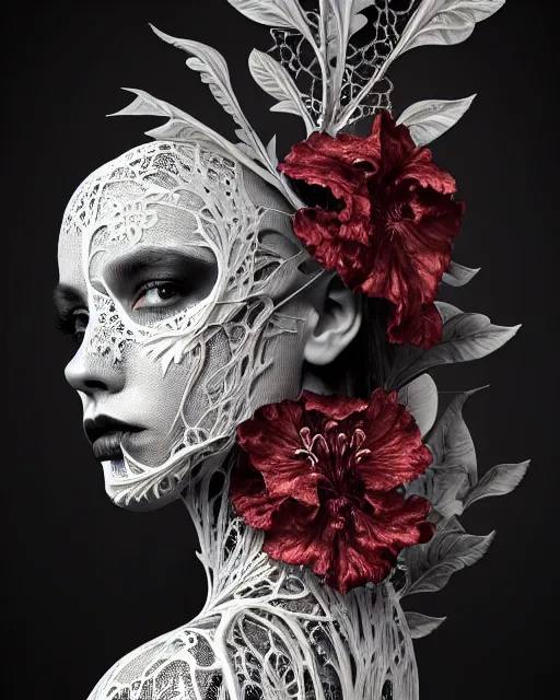 Image similar to monochrome profile portrait painting, dutch masters, silver lace floral steampunk biomechanical beautiful young female cyborg with one techno eye, volumetric light, leaves foliage and stems, hibiscus flowers, sinuous fine roots, fine foliage lace, alexander mcqueen, rim light, big gothic fashion pearl embroidered collar, 8 k