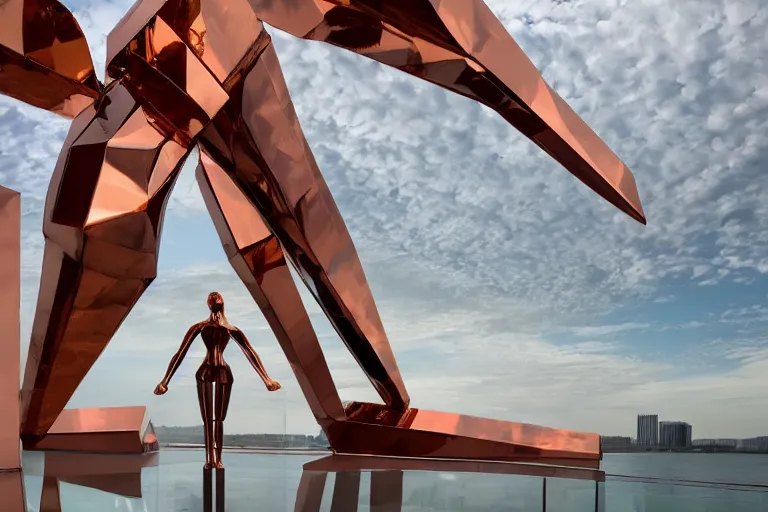 Prompt: polished copper dancer - shaped deconstructivist colossus, volumetric light, overlooking the lake, glass windows rectilinear projection, wide - angle, springtime darkening, by evaline ness, michelangelo, zack snyder, featured on deviantart, intricate, summer, kodak ektar