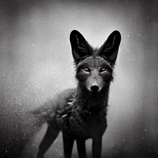 Image similar to an award winning National Geographic picture of a black Jackal wearing a denim Jacket in the snow by Lee Jeffries, 85mm ND 5, perfect lighting in a snow storm