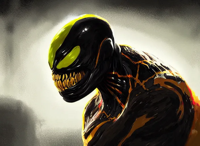 Prompt: venom fused with deadshot yellow eye, ultra realistic digital painting by greg rutkowski