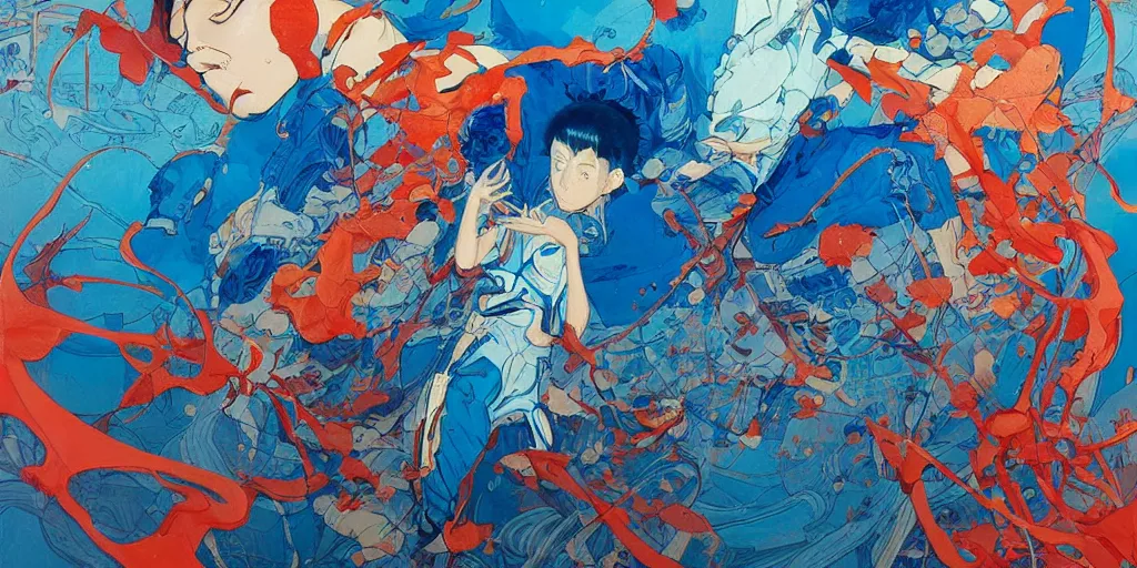 Prompt: orientalism klein blue painting by james jean and katsuhiro otomo and erik jones, inspired by akira anime, smooth texture, intricate oil painting, high detail illustration, sharp high detail, long exposure city pop