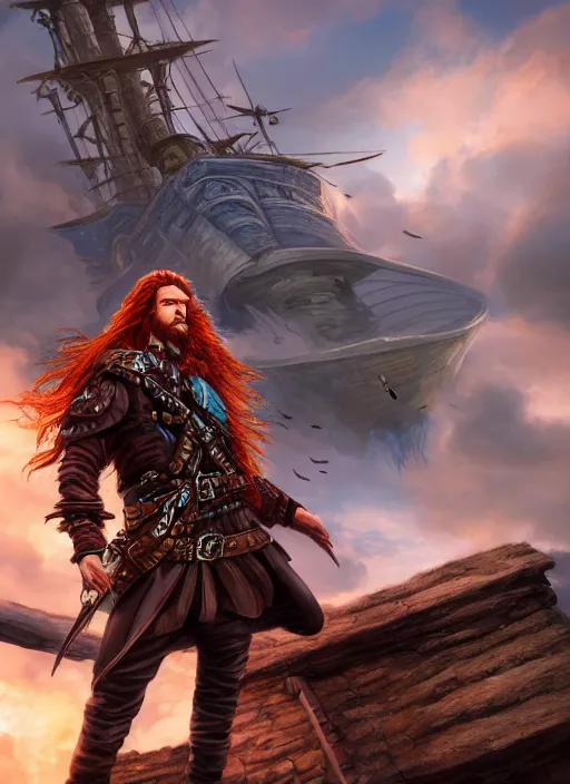 Prompt: An epic fantasy comic book style portrait painting of a long haired, red headed male sky-pirate in front of an sky-ship in the style of the wheel of time, unreal 5, DAZ, hyperrealistic, octane render, cosplay, RPG portrait, dynamic lighting