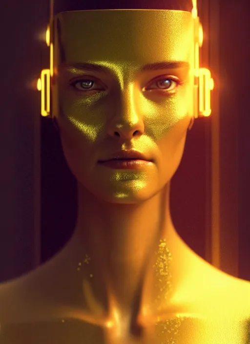 Image similar to Kodak Portra 400, 8K, soft light, volumetric lighting, highly detailed, britt marling style 3/4 ,portrait photo of a beautiful cyborg woman with gold , cyberpunk,sci-fi, fantasy, intricate, elegant, highly detailed, digital painting, artstation, concept art, smooth, sharp focus, illustration, art by artgerm and greg rutkowski and alphonse mucha