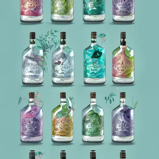 Image similar to water colour botanical designs, illustration, pastel colours, smooth, magical painting, gin packaging design, front label, packaging of the world, behance