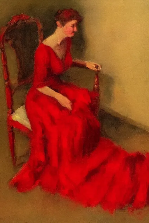 Image similar to an empty red dress laid across a chair in a dark victorian era room. in the style of american impressionism painting. triadic color scheme.