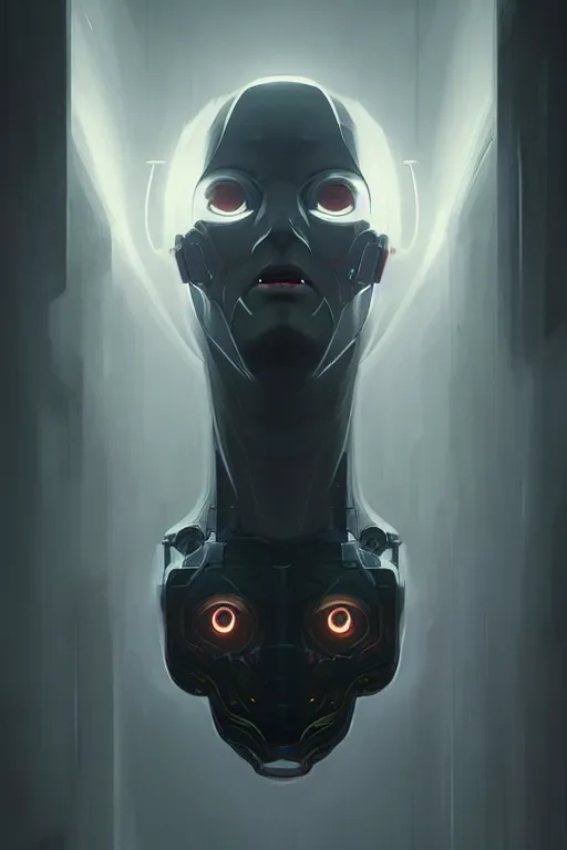 Image similar to professional concept art symmetrical portrait of a ominous floating!! robotic thing in a dark room by artgerm and greg rutkowski. an intricate, elegant, highly detailed digital painting, concept art, smooth, sharp focus, illustration, in the style of cam sykes.