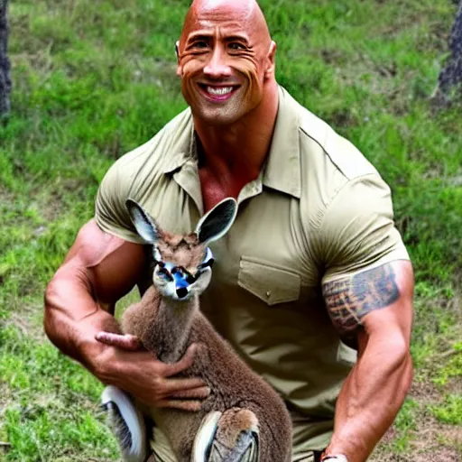 Image similar to kangaroo dwayne johnson, wearing a safari outfit