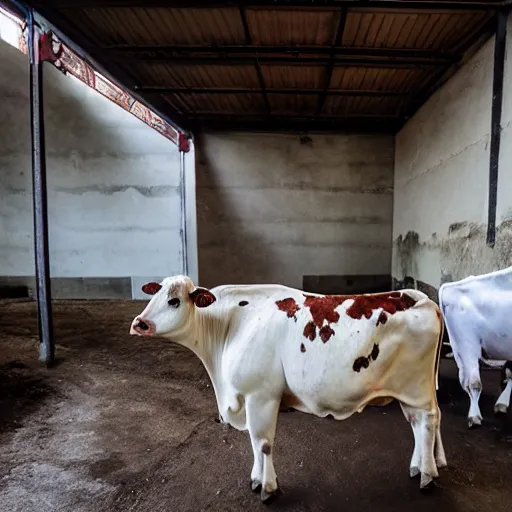 Prompt: bottle of milk and a cow, inside slaughterhouse