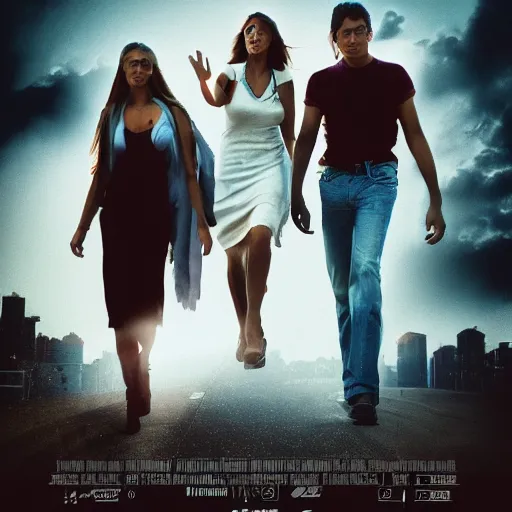 Image similar to angels protecting crowds of people in the street, movie poster style