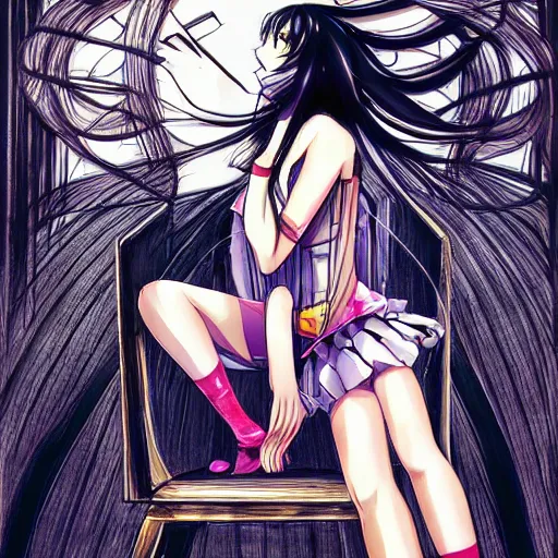 Prompt: beautiful anime girl with long hair, fight against the chair inspired by h. r. giger in extremely dangerous fight, anime style