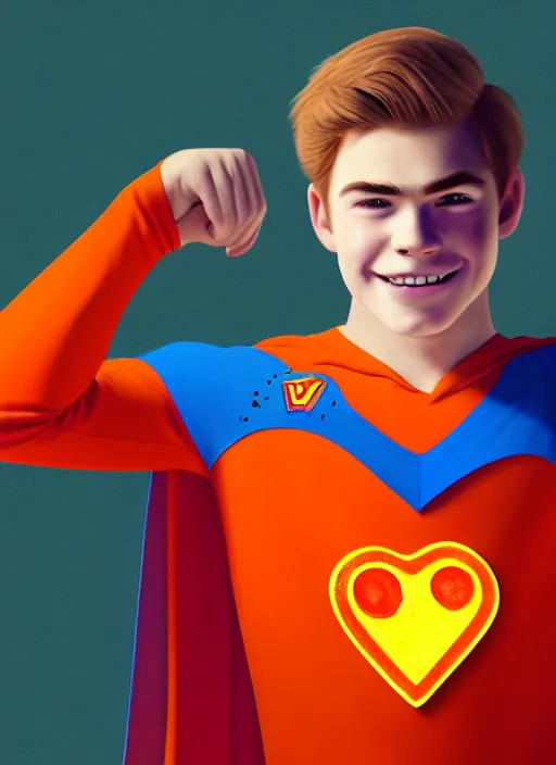 Image similar to friendly teenage archie andrews wearing an orange superhero costume with heart logo, heart, orange costume, blue cape, freckles, cape, heart emblem on chest, heart, blue cape, intricate, elegant, glowing lights, highly detailed, digital painting, artstation, sharp focus, illustration, art by wlop, mars ravelo and greg rutkowski