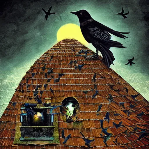 Image similar to A clown on the roof of the church playing with crows, by Android Jones and M. C. Escher collaboration, futurist, digital art, dramatic lighting, symbolic