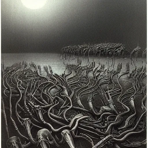 Image similar to a horde of alien clawed creatures arise from a flooded street in a deserted city by zdzisław beksinski and h. r giger