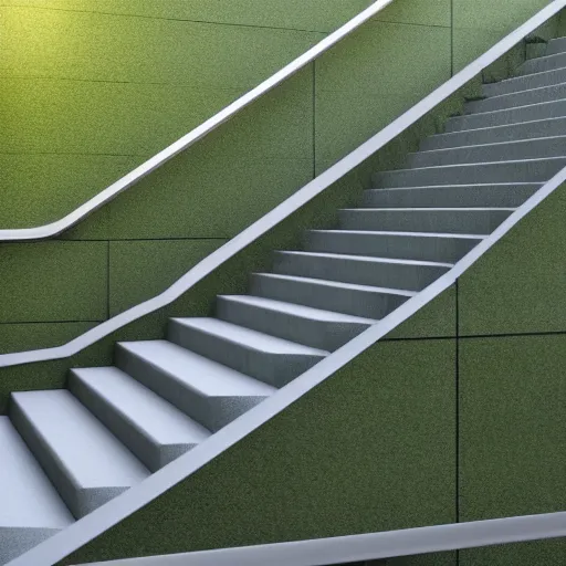 Prompt: a set of stairs with vines growing up them, walls of stone bricks, volumetric bluish light, a raytraced image by Tadao Ando, flickr contest winner, environmental art, streetscape, vray, national geographic photo