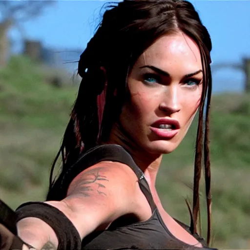 Prompt: an film still of megan fox as lara croft, emerged from river, focus on face