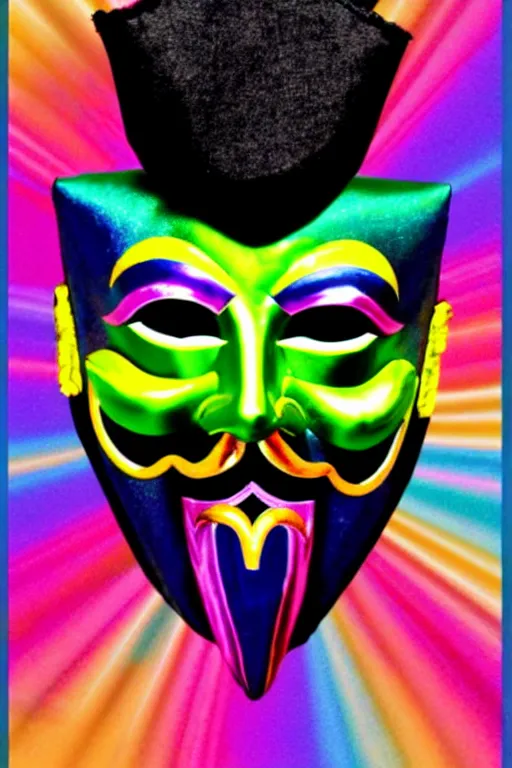 Image similar to guy fawkes mask, lisa frank style,