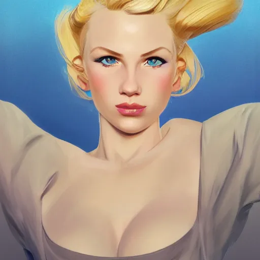 Prompt: portrait of beautiful girl with blond hair and blue eyes, League of Legend illustration by Sam Youn:2, profile picture by Gil Elvgren:2, asymmetrical, Organic Painting, Ambient Occlusion:3, Matte Painting, bold shapes, hard edges, street art, trending on artstation, realistic:2 by Sachin Teng:5