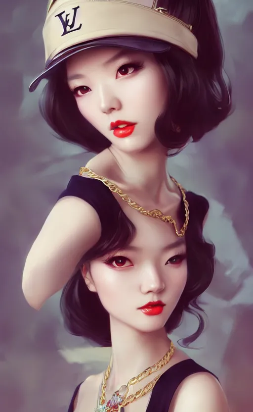 Image similar to a pin up and beautiful fashion charming dreamlke korea girl with lv jewelry, character art, art by artgerm lau and kyoung hwan kim and and ilya kuvshinov and john singer sargent, hyperdetailed, 8 k realistic, symmetrical, frostbite 3 engine, cryengine, dof, trending on artstation, digital art