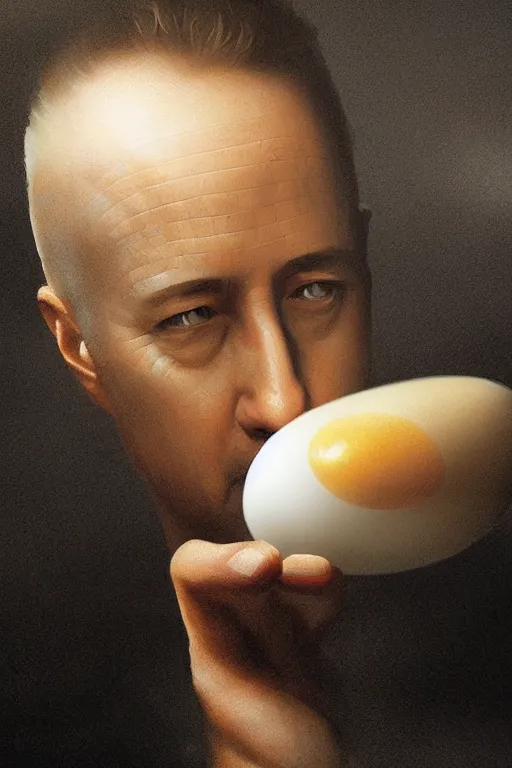 Image similar to a boiled egg with the shell peeling off with edward norton's face inside, highly detailed, dramatic lighting, concept art by caravaggio and greg rutkowski and artgerm